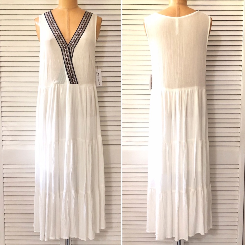 🆕 NY Collection Womens Sleeveless Midi Dress Medium White Embroidered V-neck